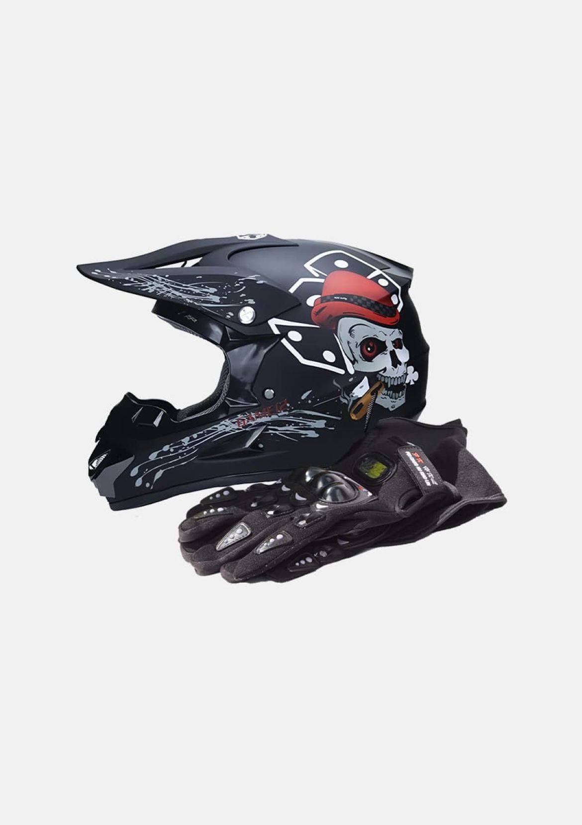 Шлем защитный + перчатки (набор)  чёрный с черепом S