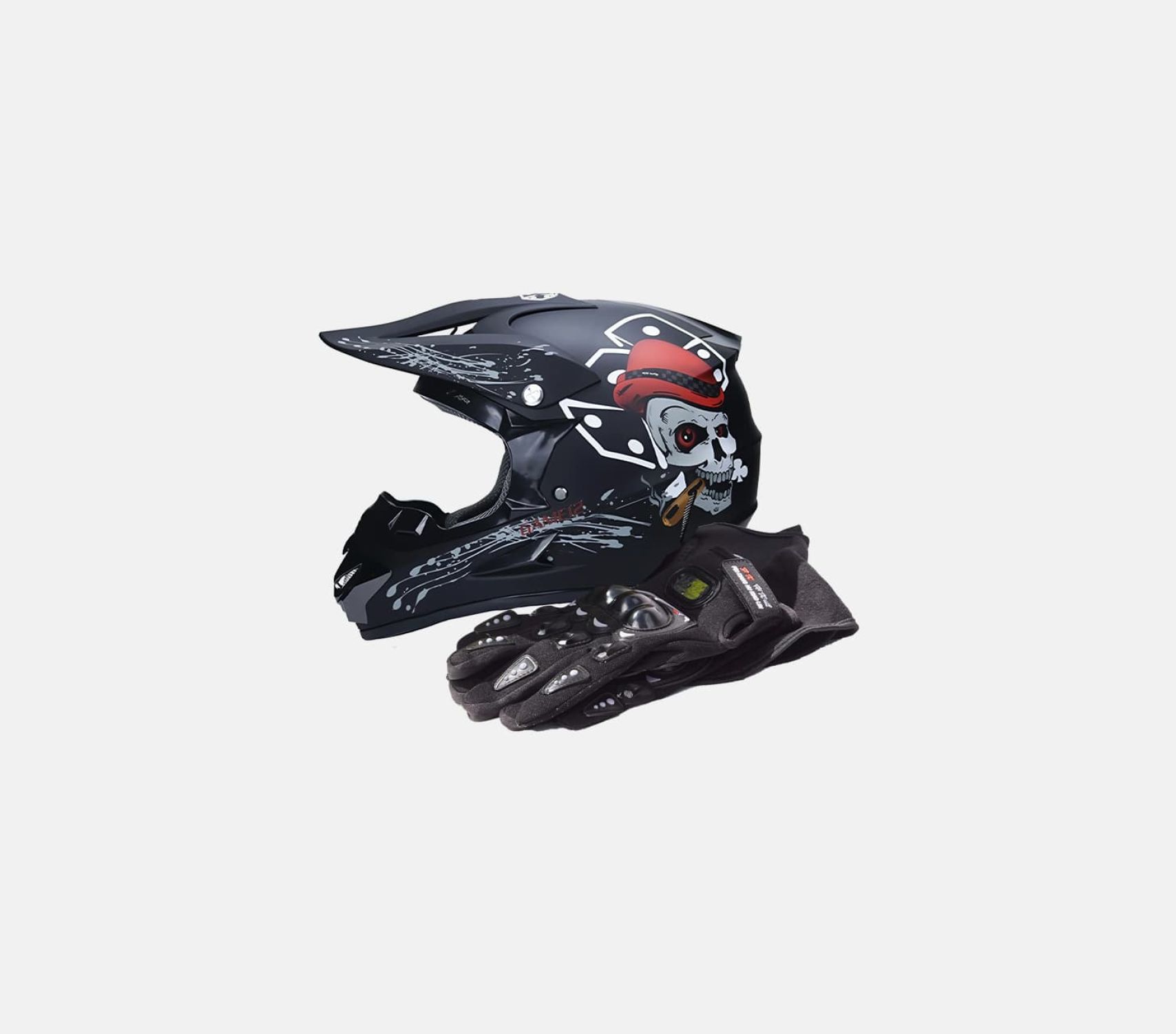 Шлем защитный + перчатки (набор)  чёрный с черепом S