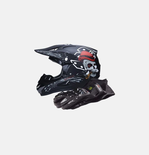 Шлем защитный + перчатки (набор)  чёрный с черепом S